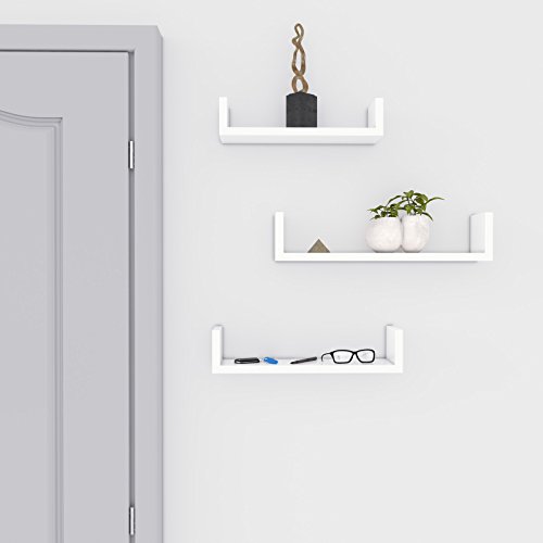 SONGMICS Juego de 3 estantes murales Modernos, Estantes flotantes de Pared, Estantes de Almacenamiento de MDF, Acabado de Alto Brillo, Montaje Oculto, Blanco, LWS40WT