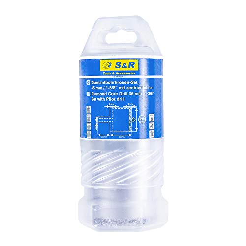 S&R Broca Sierra Corona diamantada 35 mm para Baldosas Cerámicas Mármol Granito Gres fino. Con esponja, broca central. Vastago redondo para destornilladores inalámbricos