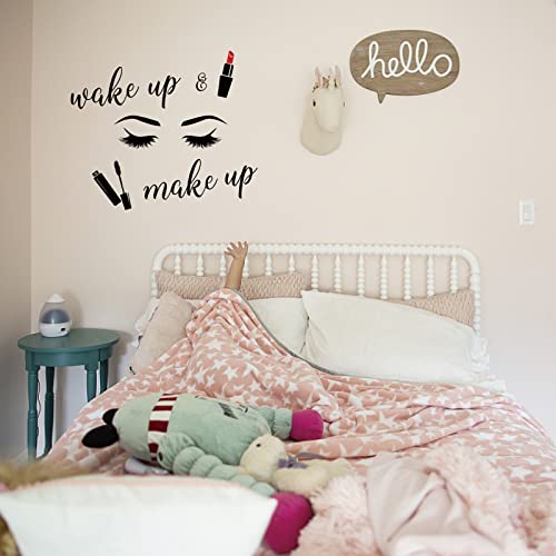 SUPERDANT Pegatinas de Pared de PVC para Despertar, Maquillaje, Pestañas, Diseño de Cosméticos, Letras de Vinilo, Calcomanías Artísticas de Pared para Dormitorio, Polvo, Baño, Decoración, 59x35 cm