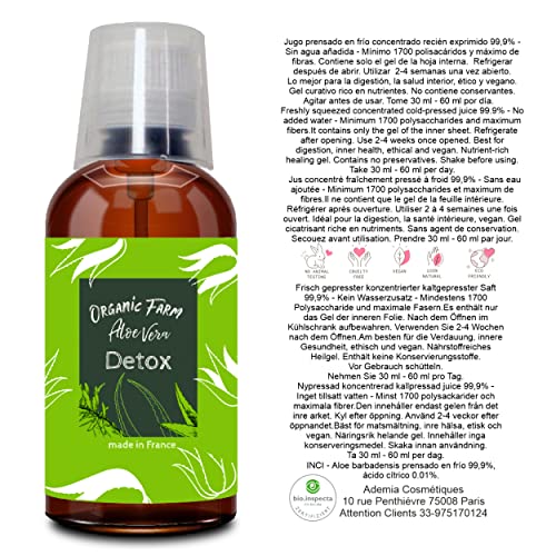 Suplemento alimenticio de Aloe Vera. Jugo Concentrado Orgánico Detox. Extra eficaz y con buen sabor. En botella de cristal con vaso medidor. Producto Vegano, Nutritivo & 100% Natural (250 ml)