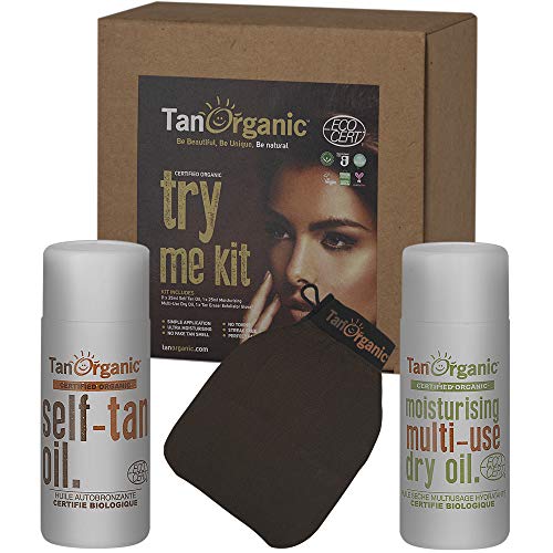 TanOrganic: Kit Try Me - Aceite Autobronceador, Aceite Seco Multiusos y Guante de Bronceado, Tamaños de muestra, Todo Natural, Ingredientes Orgánicos Certificados. Kit de muestras de bronceado