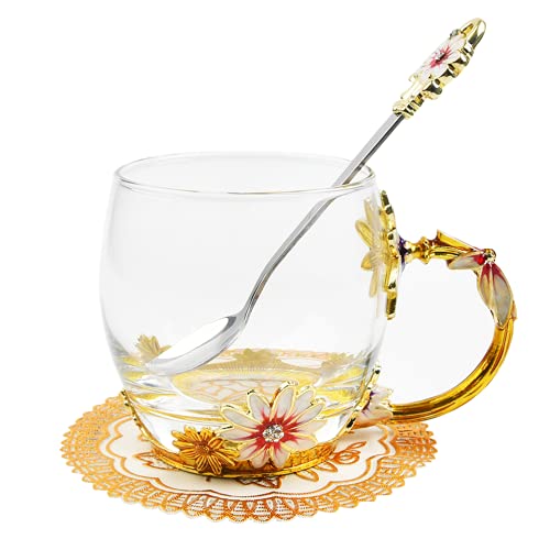 Taza de té con flor de margarita/taza de café/taza de leche, taza de esmalte sin plomo con cuchara de acero, tazas personalizadas para mujeres, esposa, madre, maestra, amigos, cumpleaños