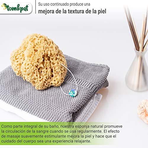 tom&pat® Esponja natural con cordel & colgante de cristal, esponja baño sin blanquear del mar Mediterráneo, esponja ducha con efecto peeling, envases sin plástico, primera calidad (15-16 cm)