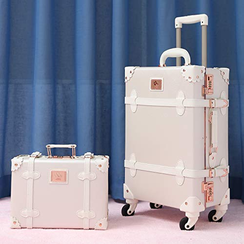 urecity Vintage Juego de Maletas de Viaje con Bloqueo Numérico Lujo Maleta Linda Retro Equipaje de Mano Vueling con Varilla Telescópica (Blanco Rosa, 26"(66 x 38 x 23cm)&12")