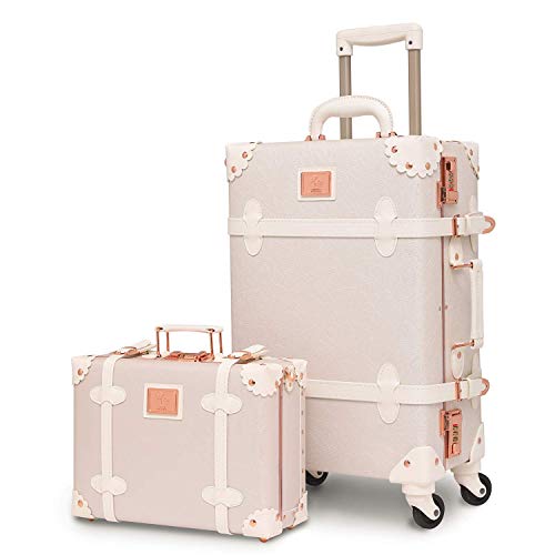urecity Vintage Juego de Maletas de Viaje con Bloqueo Numérico Lujo Maleta Linda Retro Equipaje de Mano Vueling con Varilla Telescópica (Blanco Rosa, 26"(66 x 38 x 23cm)&12")