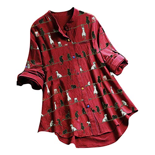 URIBAKY - Blusa de manga 3/4 para mujer, algodón y lino, con botones coloridos, blusa estampada de gato, blusa de flores vintage C-vino. 4X-Large
