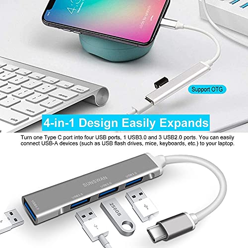 USB C Hub 4 en 1 Mini USB portátil C a USB Adapte Hubs Adaptador Multipuerto para MacBook Air, MacBook Pro, Pad Pro, XPS y más dispositivos USB tipo C plateado