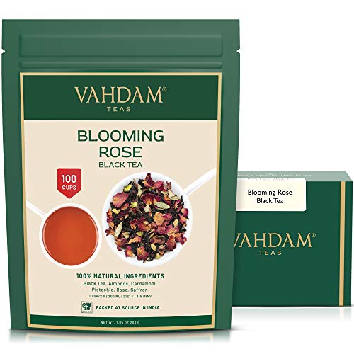 VAHDAM, té negro Blooming Rose 200 gramos (100 tazas) | 100% NATURAL Hojas de té negro, pétalos de rosa, almendra, cardamomo, pistacho | Té negro delicioso y aromático suelto.