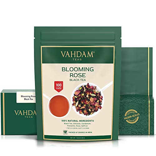 VAHDAM, té negro Blooming Rose 200 gramos (100 tazas) | 100% NATURAL Hojas de té negro, pétalos de rosa, almendra, cardamomo, pistacho | Té negro delicioso y aromático suelto.