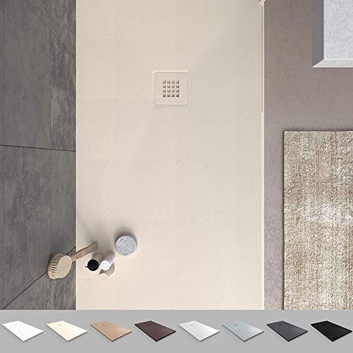 VAROBATH - Plato de ducha de Resina MYSTONE Crema - Carga Mineral, textura pizarra, antideslizante y antibacteriano. Fabricado en España. (100x150)