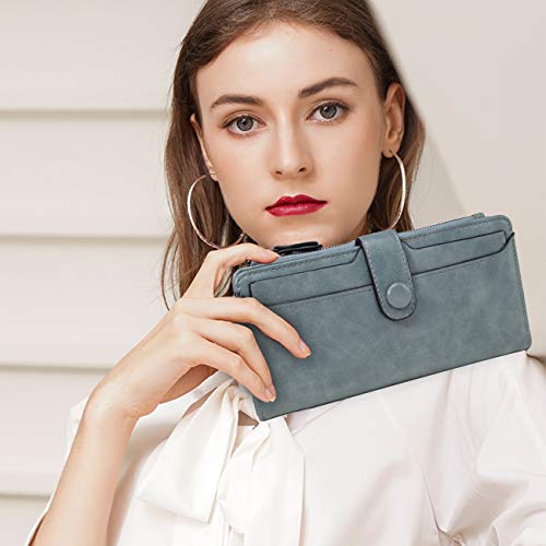 VASCHY Billetera Mujer,Carteras de Mujer Piel Monedero Mujer Grande Bolso Movil de Piel para Dama con Múltiple Ranuras Tarjetas y Bolsillo con Cremallera Marrón (Azul-Desmontable)