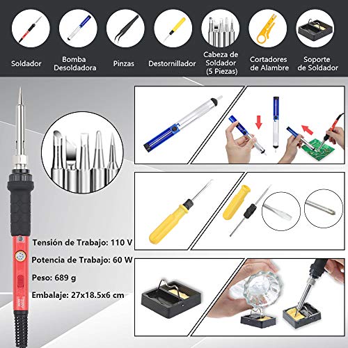 Vastar Kit de Soldador 16Pcs- Soldadores de Estaño con Temperatura ajustable 60W con Bomba de Desoldar, Estación de Soldadura, Pinzas, Cortador de Pelacables