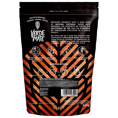 Verde Mate Frutos Tropicales 500g, Yerba Mate con Frutas Exoticas, Yerba Mate Té de Brasil, Vegano, Sin Gluten, Sin Humo