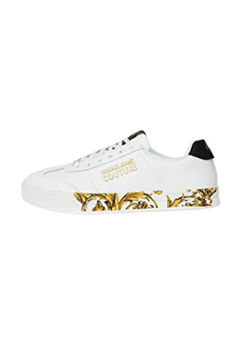 VERSACE JEANS COUTURE Zapatillas deportivas para hombre 72YA3SK6 de piel, color blanco, logotipo y fondo barroco, Color blanco., 41 EU