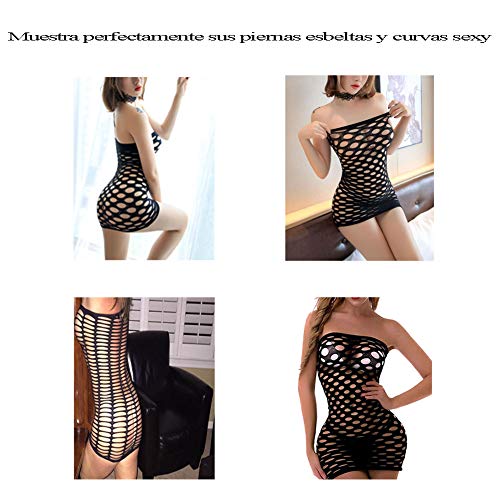 VicSec Mujer Malla Lencería Una Pieza Negro, Sexy Mini Vestido de Tubo Fishnet Babydoll Ropa Interior de Dormir Transparente Talla Única Camisa Sin Tirantes (Malla Grande)
