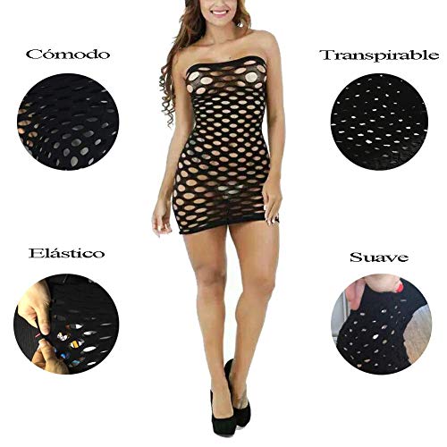 VicSec Mujer Malla Lencería Una Pieza Negro, Sexy Mini Vestido de Tubo Fishnet Babydoll Ropa Interior de Dormir Transparente Talla Única Camisa Sin Tirantes (Malla Grande)