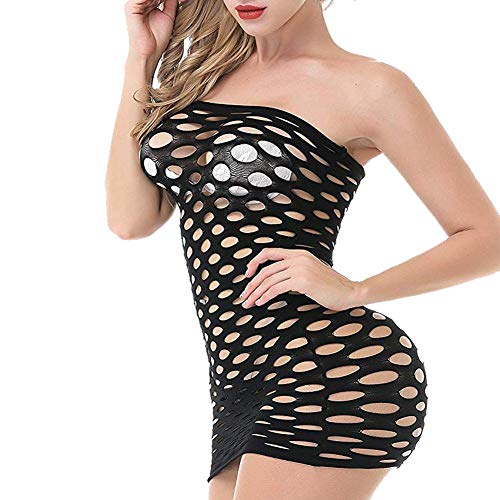 VicSec Mujer Malla Lencería Una Pieza Negro, Sexy Mini Vestido de Tubo Fishnet Babydoll Ropa Interior de Dormir Transparente Talla Única Camisa Sin Tirantes (Malla Grande)