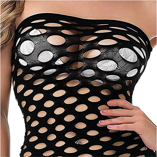 VicSec Mujer Malla Lencería Una Pieza Negro, Sexy Mini Vestido de Tubo Fishnet Babydoll Ropa Interior de Dormir Transparente Talla Única Camisa Sin Tirantes (Malla Grande)