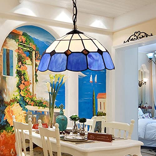 Vintage Mediterranean Pendant Light Blue Stained Glass Shade 7.87 Pulgadas Tiffany Style Creative Hanging Lights Antique E27 Lighting Fixture Lámparas de suspensión para Kitchen Island Farmhouse