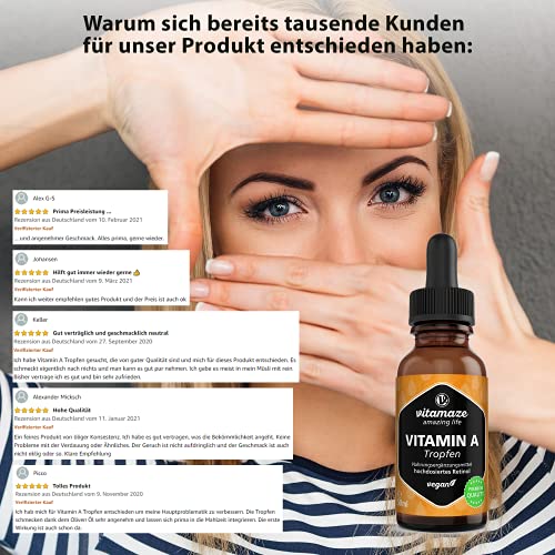 Vitamina A Gotas 5000 UI de Alta Dosis por Diaria, 50 ml (1700 Gotas), Retinol Vegano y Liquido, Alta Biodisponibilidad, Suplemento Alimenticio Natural sin Aditivos