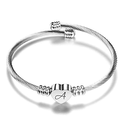 VQYSKO Pulsera Mujer Corazón 26 Letras Grabado Laser Personalizadas Acero inoxidable Regalo Sorpresa único（con Caja de Marca） (Argénteo, B)