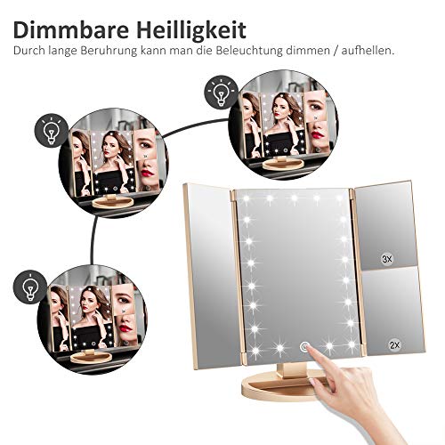WEILY Espejo de Maquillaje,1x / 2X / 3X Espejo de Maquillaje de Tres Pliegues con 21 Luces LED y Pantalla táctil Ajustable Espejo Iluminado Tocador Espejos cosméticos de encimera (Oro)