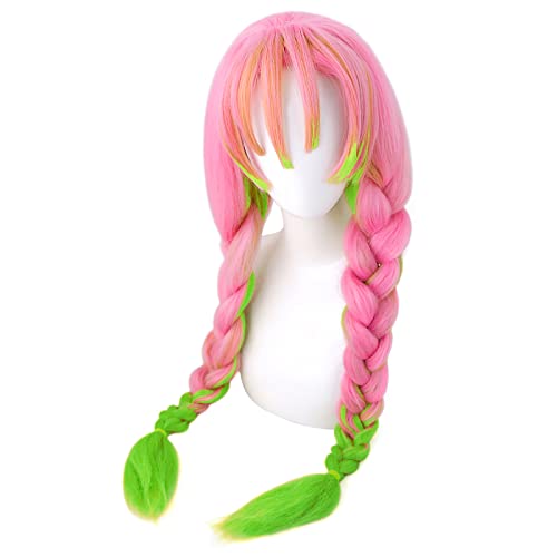 wxypreey Anime Demon Slayer Kanroji Mitsuri pelucas Kimetsu no Yaiba personajes verde y rosa Lolita Anime Cosplay pelucas + gorra de peluca