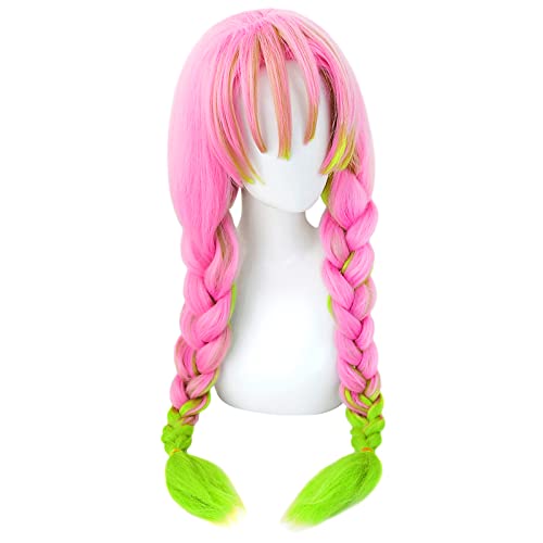 wxypreey Anime Demon Slayer Kanroji Mitsuri pelucas Kimetsu no Yaiba personajes verde y rosa Lolita Anime Cosplay pelucas + gorra de peluca