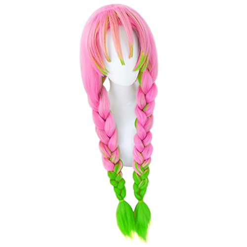 wxypreey Anime Demon Slayer Kanroji Mitsuri pelucas Kimetsu no Yaiba personajes verde y rosa Lolita Anime Cosplay pelucas + gorra de peluca