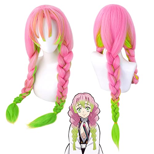 wxypreey Anime Demon Slayer Kanroji Mitsuri pelucas Kimetsu no Yaiba personajes verde y rosa Lolita Anime Cosplay pelucas + gorra de peluca