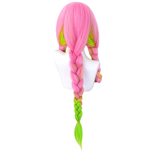 wxypreey Anime Demon Slayer Kanroji Mitsuri pelucas Kimetsu no Yaiba personajes verde y rosa Lolita Anime Cosplay pelucas + gorra de peluca