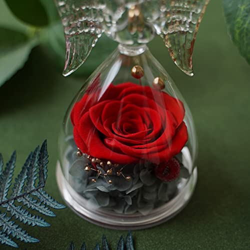 Yamonic Rosa Eterna con Cúpula de Ángel, Regalos para Mama, Flores Eternas con Figura de Ángel, Regalo Abuela, Rosa Verdadera con Ángel, Regalo Cumpleaños Mujer, San Valentin Regalos Mujer, Rojo