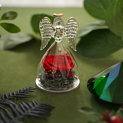Yamonic Rosa Eterna con Cúpula de Ángel, Regalos para Mama, Flores Eternas con Figura de Ángel, Regalo Abuela, Rosa Verdadera con Ángel, Regalo Cumpleaños Mujer, San Valentin Regalos Mujer, Rojo