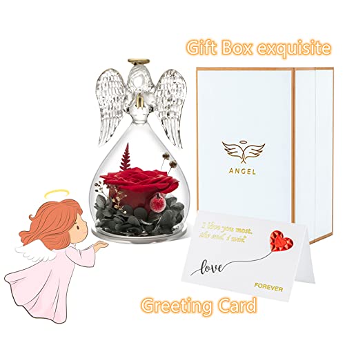 Yamonic Rosa Eterna con Cúpula de Ángel, Regalos para Mama, Flores Eternas con Figura de Ángel, Regalo Abuela, Rosa Verdadera con Ángel, Regalo Cumpleaños Mujer, San Valentin Regalos Mujer, Rojo