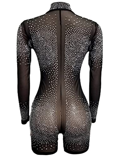 YiZYiF Mujeres Mono de Una Pieza con Pantalones Cortos de Malla Transparente Sexy con Diamantes de Imitación Brillante para Baile en Barra de Club Negro A M