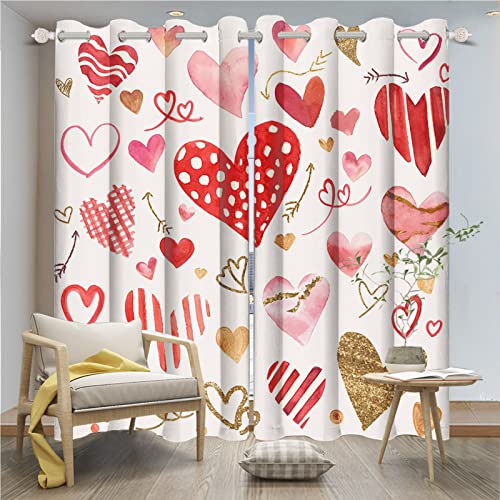 YongFoto 132x214cm Cortinas Opacas de San Valentín Dulce Rosa Rojo Oro Brillo Amor Corazón Flecha Dorada Feliz Día San Valentín para Cortinas Ventana Salón Dormitorio, Juego de 2 Paneles con Agujeros