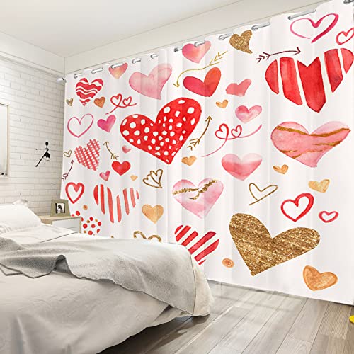 YongFoto 132x214cm Cortinas Opacas de San Valentín Dulce Rosa Rojo Oro Brillo Amor Corazón Flecha Dorada Feliz Día San Valentín para Cortinas Ventana Salón Dormitorio, Juego de 2 Paneles con Agujeros