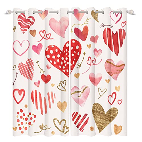 YongFoto 132x214cm Cortinas Opacas de San Valentín Dulce Rosa Rojo Oro Brillo Amor Corazón Flecha Dorada Feliz Día San Valentín para Cortinas Ventana Salón Dormitorio, Juego de 2 Paneles con Agujeros