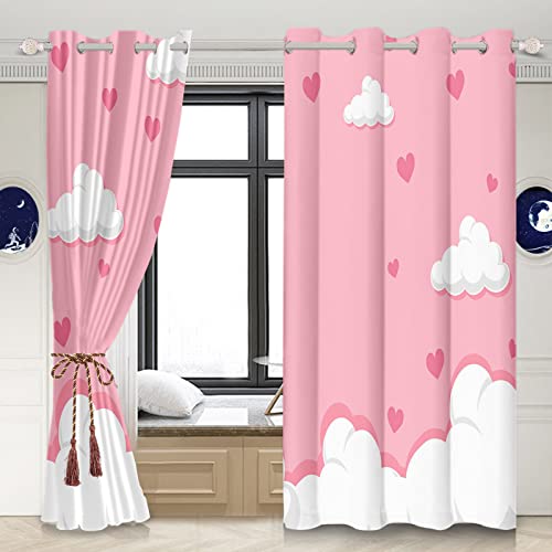 YongFoto 140x229cm Cortinas Opacas de San Valentín Corazón amor rosa dulce Nubes blancas Tema de princesa Feliz Día San Valentín para Cortinas Ventana Salón Dormitorio, juego de 2 Paneles con Agujeros