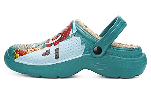 Zuecos Mujer Hombre Pantuflas Invierno Zapatillas de Casa Antideslizantes Estampado de Papá Noel Colgs, Papa Noel Verde, 41 EU