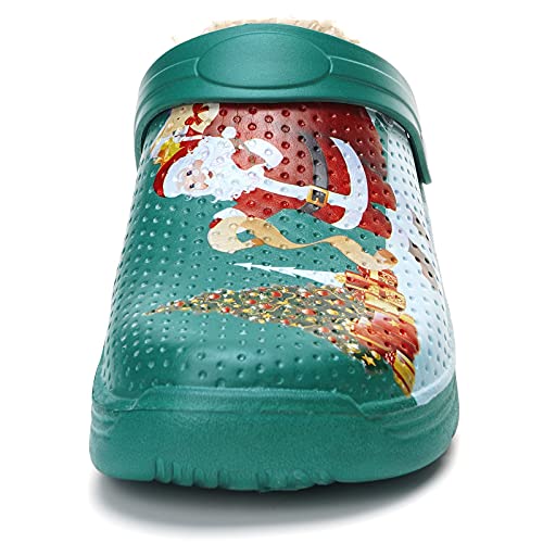 Zuecos Mujer Hombre Pantuflas Invierno Zapatillas de Casa Antideslizantes Estampado de Papá Noel Colgs, Papa Noel Verde, 41 EU