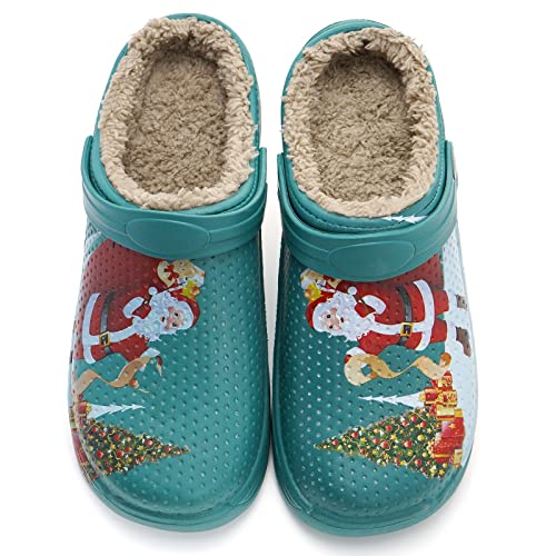 Zuecos Mujer Hombre Pantuflas Invierno Zapatillas de Casa Antideslizantes Estampado de Papá Noel Colgs, Papa Noel Verde, 41 EU