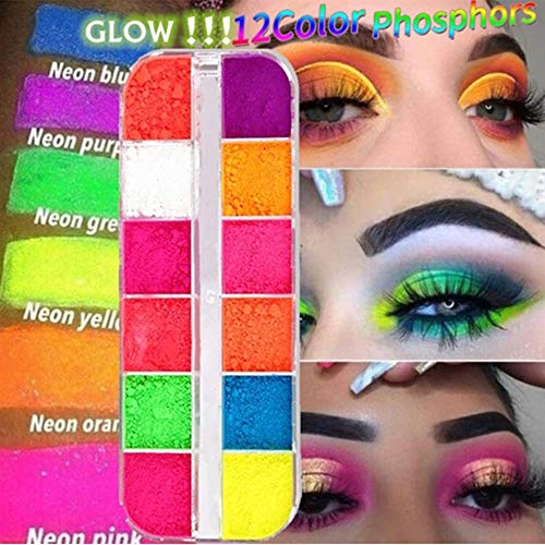 12 colores/caja polvo de sombra de ojos suelto, pigmento de neón fluorescente paleta de maquillaje brillo sombra de ojos cara pintura corporal pintura artesanía uñas arte cosméticos