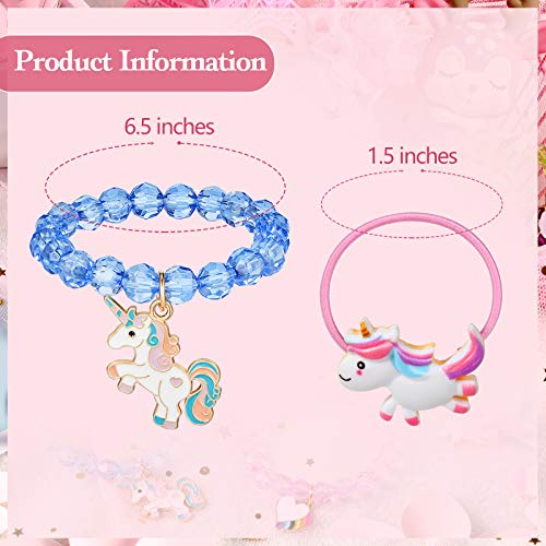 17 Piezas Set de Pulseras Coloridas de Unicornio y Lazos de Unicornio para Pelo Pulseras de Cuentas de Unicornio Arcoíris Pulseras de Cristal para Favores de Cumpleaños (Estilo Vívido)