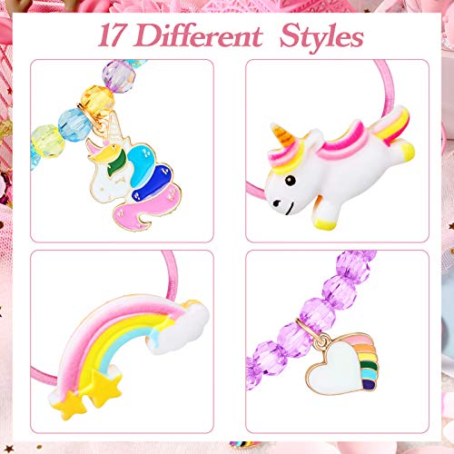 17 Piezas Set de Pulseras Coloridas de Unicornio y Lazos de Unicornio para Pelo Pulseras de Cuentas de Unicornio Arcoíris Pulseras de Cristal para Favores de Cumpleaños (Estilo Vívido)