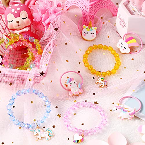 17 Piezas Set de Pulseras Coloridas de Unicornio y Lazos de Unicornio para Pelo Pulseras de Cuentas de Unicornio Arcoíris Pulseras de Cristal para Favores de Cumpleaños (Estilo Vívido)