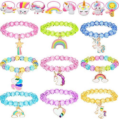 17 Piezas Set de Pulseras Coloridas de Unicornio y Lazos de Unicornio para Pelo Pulseras de Cuentas de Unicornio Arcoíris Pulseras de Cristal para Favores de Cumpleaños (Estilo Vívido)
