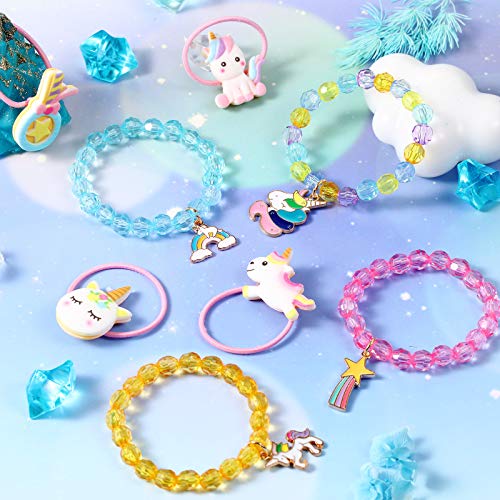 17 Piezas Set de Pulseras Coloridas de Unicornio y Lazos de Unicornio para Pelo Pulseras de Cuentas de Unicornio Arcoíris Pulseras de Cristal para Favores de Cumpleaños (Estilo Vívido)