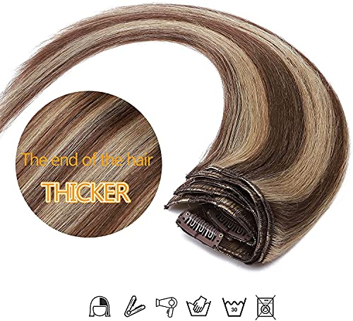 18"(45cm) SEGO Extensiones de Clip de Pelo Natural 8 Piezas [#4/27 Castaño Medio/Rubio Oscuro] Cabello Humano Liso 100% Remy Human Hair Balayage (80g)