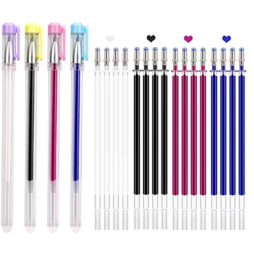 4 Rotuladores de Tela Borrables con Calor de Color, Rotuladores de Tela de Costura con 20 Recambios Reemplazables, Para Cuero, Ropa, Costura, Confección (Blanco, Rosa rojo, Azul, Negro)